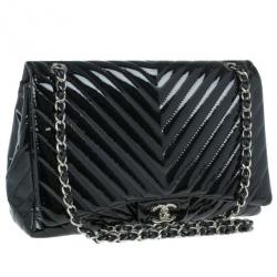 Pre Owned Chanel Black Patent Leather Quilted Jumbo Chevron Flap Bag