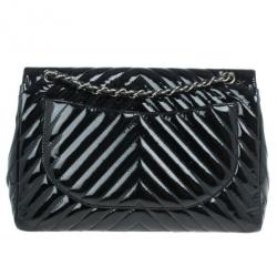Pre Owned Chanel Black Patent Leather Quilted Jumbo Chevron Flap Bag