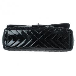 Pre Owned Chanel Black Patent Leather Quilted Jumbo Chevron Flap Bag