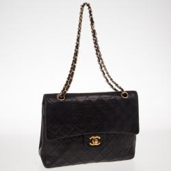 Pre Owned Chanel Black Lambskin Vintage Classic Flap Bag