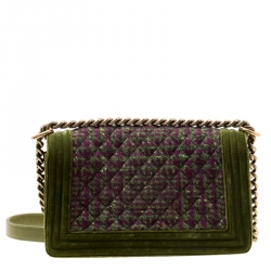مملوكة مسبقًا Chanel Olive Green Quilted Tweed and Velvet Medium Boy Flap Bag