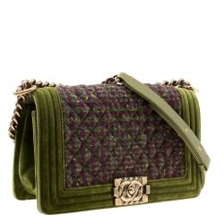 مملوكة مسبقًا Chanel Olive Green Quilted Tweed and Velvet Medium Boy Flap Bag