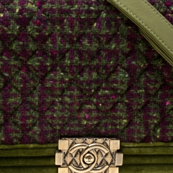 مملوكة مسبقًا Chanel Olive Green Quilted Tweed and Velvet Medium Boy Flap Bag
