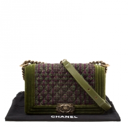 مملوكة مسبقًا Chanel Olive Green Quilted Tweed and Velvet Medium Boy Flap Bag