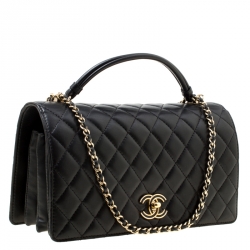 Pre Owned Chanel Black Leather Top Handle Flap Bag