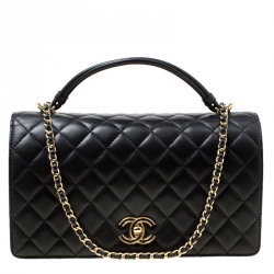 Pre Owned Chanel Black Leather Top Handle Flap Bag