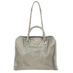 Pre Owned Chanel Silver Calfskin Perforated Leather Tote