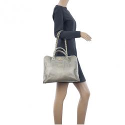 Pre Owned Chanel Silver Calfskin Perforated Leather Tote