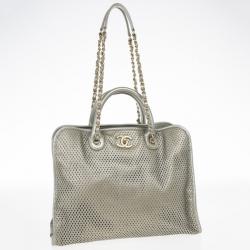 Pre Owned Chanel Silver Calfskin Perforated Leather Tote