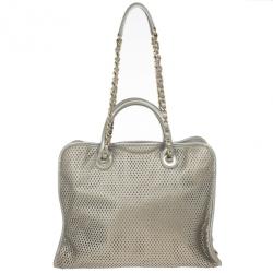 Pre Owned Chanel Silver Calfskin Perforated Leather Tote