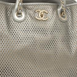 Pre Owned Chanel Silver Calfskin Perforated Leather Tote