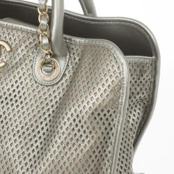 Pre Owned Chanel Silver Calfskin Perforated Leather Tote