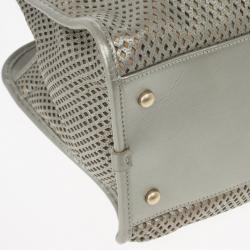 Pre Owned Chanel Silver Calfskin Perforated Leather Tote