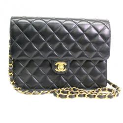 Pre Owned Chanel Black Lambskin Medium Classic Flap Bag