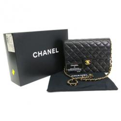 Pre Owned Chanel Black Lambskin Medium Classic Flap Bag