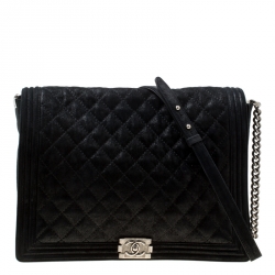 Pre Owned Chanel Black Quilted iridescent Leather XL Gentle Boy Flap Bag