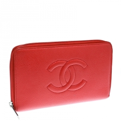 مملوكة مسبقًا Chanel Coral Red Caviar Leather Large CC Zip Around Wallet