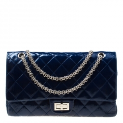 Pre Owned Chanel Blue Quilted Patent Leather Reissue 2.55 Classic 227 Flap Bag