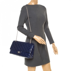 Pre Owned Chanel Blue Quilted Patent Leather Reissue 2.55 Classic 227 Flap Bag