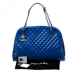 Pre Owned Chanel Blue Quilted Patent Leather Large Just Mademoiselle Bowling Bag