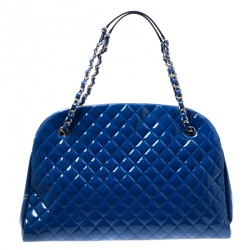 Pre Owned Chanel Blue Quilted Patent Leather Large Just Mademoiselle Bowling Bag