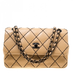 Chanel Beige Quilted Leather Wild Stitch Surpique Flap Bag