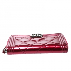 Chanel Pink Patent Leather Boy Zip Around Wallet