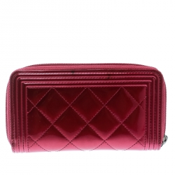Chanel Pink Patent Leather Boy Zip Around Wallet