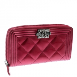 Chanel Pink Patent Leather Boy Zip Around Wallet