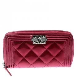 Chanel Pink Patent Leather Boy Zip Around Wallet