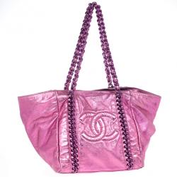 Pre Owned Chanel Metallic Pink Cracked Calfskin Leather Modern Chain Large Tote Bag