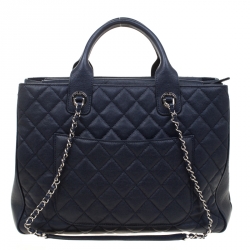 Pre Owned Chanel Navy Blue Quilted Caviar Leather Top Handle Bag