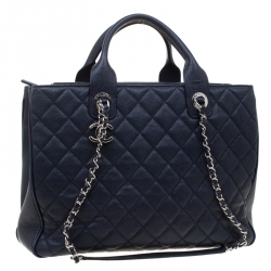 Pre Owned Chanel Navy Blue Quilted Caviar Leather Top Handle Bag