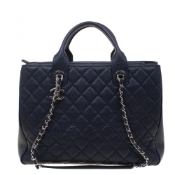 Pre Owned Chanel Navy Blue Quilted Caviar Leather Top Handle Bag
