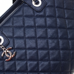 Pre Owned Chanel Navy Blue Quilted Caviar Leather Top Handle Bag