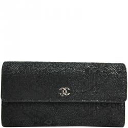Chanel Black Textured Suede Long Wallet