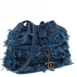 Pre Owned Chanel Blue Denim CC Chains Fringe Drawstring Bucket Bag