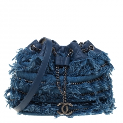 Chanel Blue Denim CC Chains Fringe Drawstring Bucket Bag Chanel