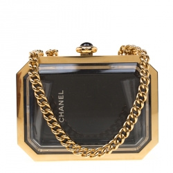 5 Plexiglass Minaudiere Runway CC Logo Gold Chain Clutch Box Bag