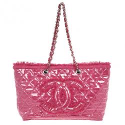 Pre Owned Chanel Fuchsia Tweed and Quilted Vinyl CC Logo Tote Bag