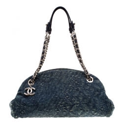 Pre Owned Chanel Blue Camellia Embroidered Denim Just Mademoiselle Bowling Bag