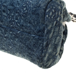 Pre Owned Chanel Blue Camellia Embroidered Denim Just Mademoiselle Bowling Bag