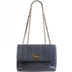 Pre Owned Chanel Navy Blue Caviar Leather Vintage Flap Bag