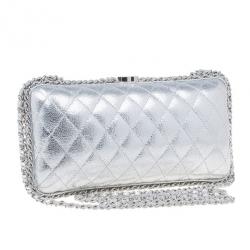 Pre Owned Chanel Silver Lambskin Small Chain Around Clutch