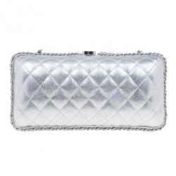 Pre Owned Chanel Silver Lambskin Small Chain Around Clutch