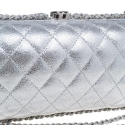 Pre Owned Chanel Silver Lambskin Small Chain Around Clutch