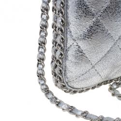 Pre Owned Chanel Silver Lambskin Small Chain Around Clutch