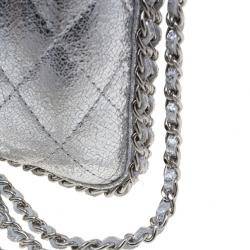 Pre Owned Chanel Silver Lambskin Small Chain Around Clutch