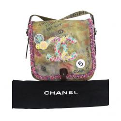 Pre Owned Chanel Multicolor Khaki Canvas Peace & Love' Shoulder Bag
