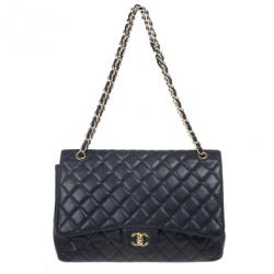 Pre Owned Chanel Black Caviar Jumbo Classic Flap Bag